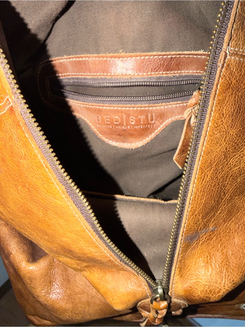 BED|STU Cognac Leather Shoulder Hobo Bag with Center Zip - Picture 4 of 7
